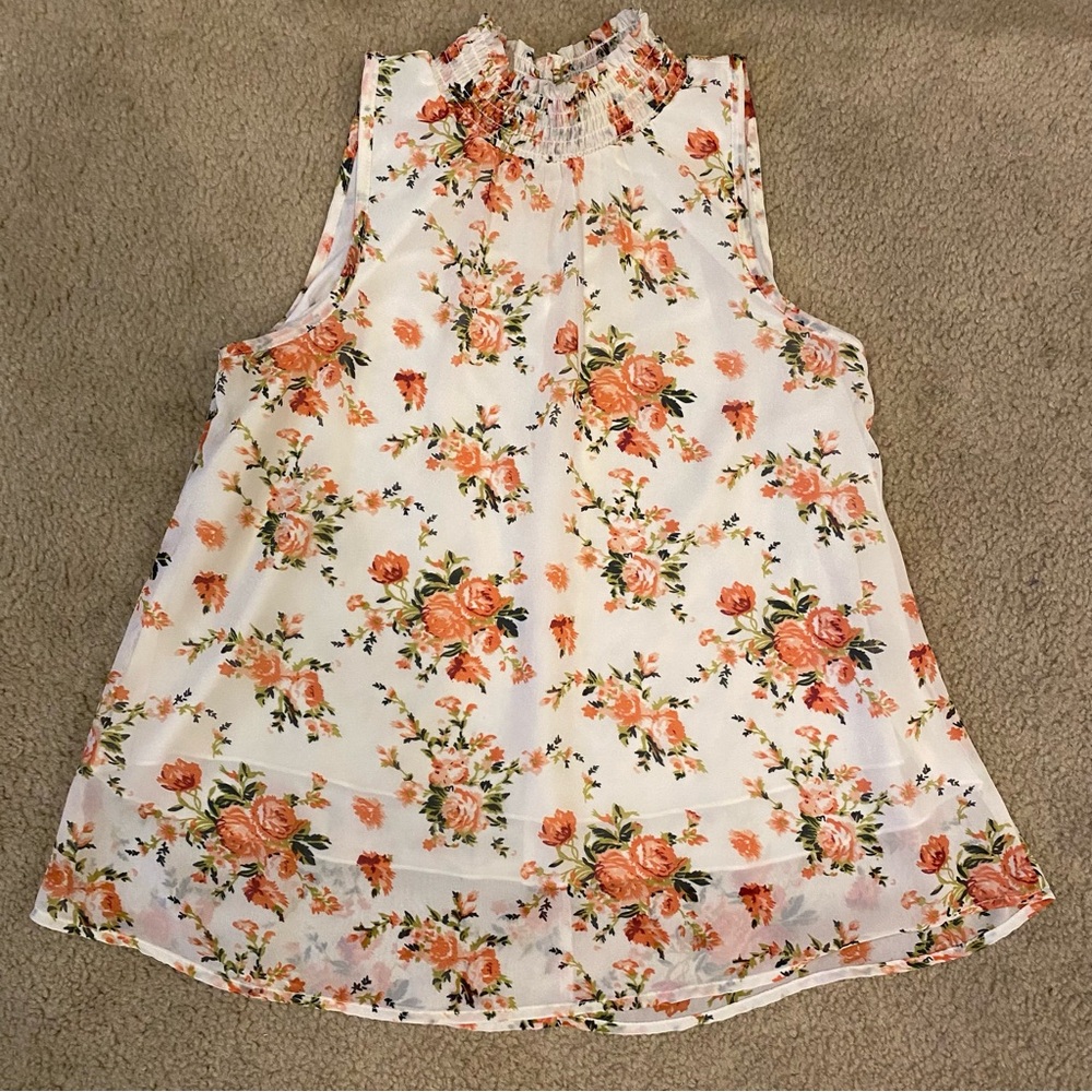 Midnight sky cream orange floral rose tank blouse ladies medium mock turtle neck